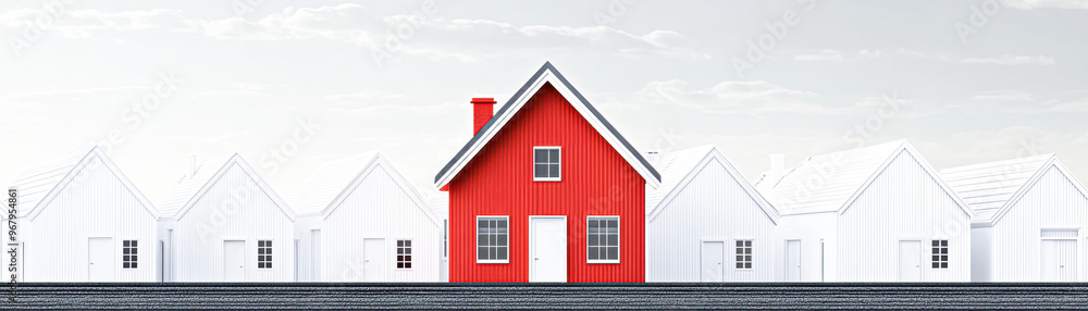 A red house is the center of a row of white houses A red house is the center of a row of white houses