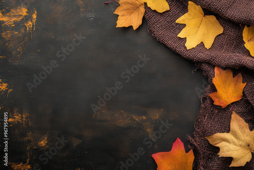 Autumn leaves on a table with room for text