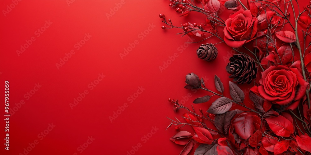 Beautifully arranged red roses, pine cones, and berries form a striking image against a vivid red background, symbolizing passion. Beautifully arranged red roses, pine cones, and berries form a striking image against a vivid red background, symbolizing passion.