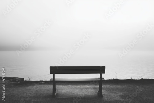 A solitary bench faces a vast, calm lake with a serene and infinite horizon, evoking feelings of solitude and contemplation.