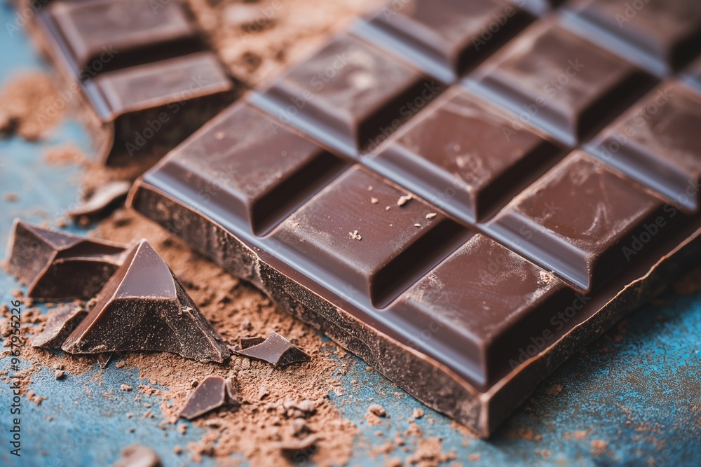 Close-up of rich chocolate bars with cocoa powder and broken pieces of chocolate scattered around on a blue surface. Close-up of rich chocolate bars with cocoa powder and broken pieces of chocolate scattered around on a blue surface.