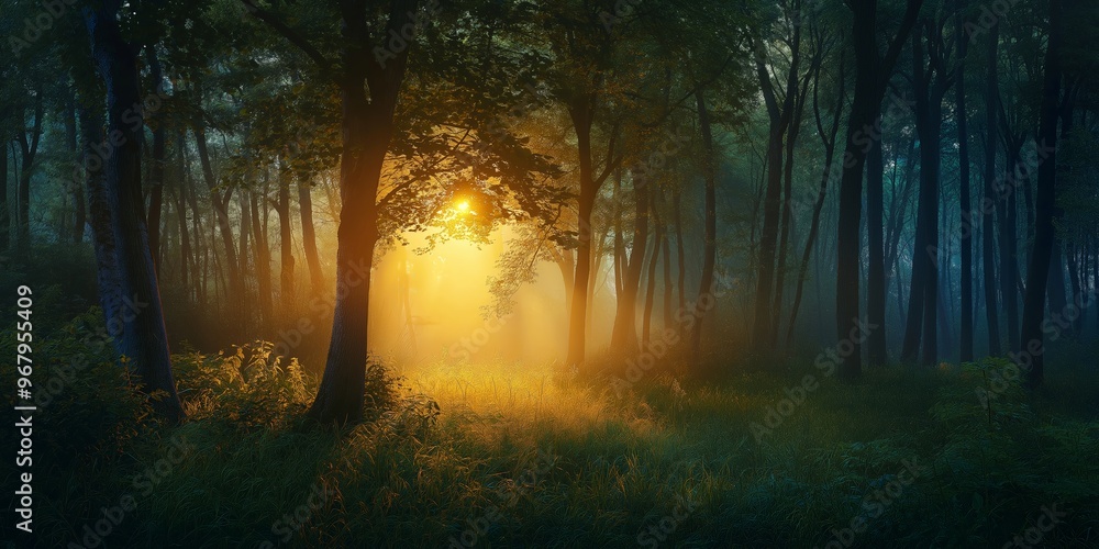 Obraz premium An enchanting forest path with trees illuminated by the soft, golden light of the sunset, creating a mystical atmosphere.