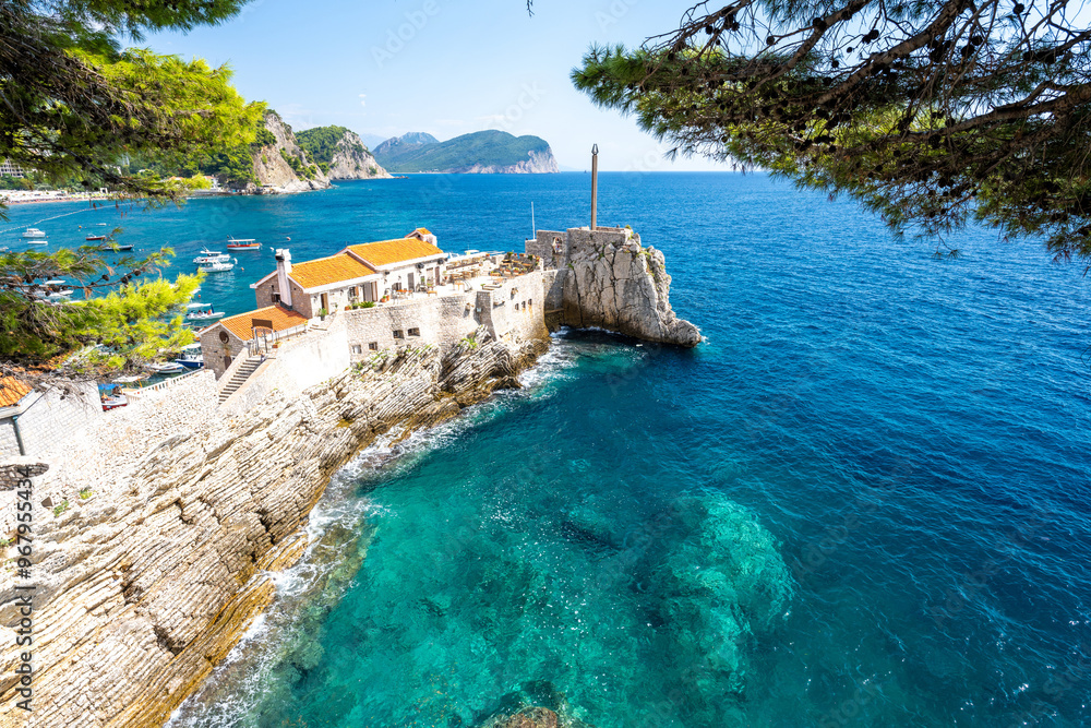 medieval fortress on azure sea in Petrovac in Montenegro
