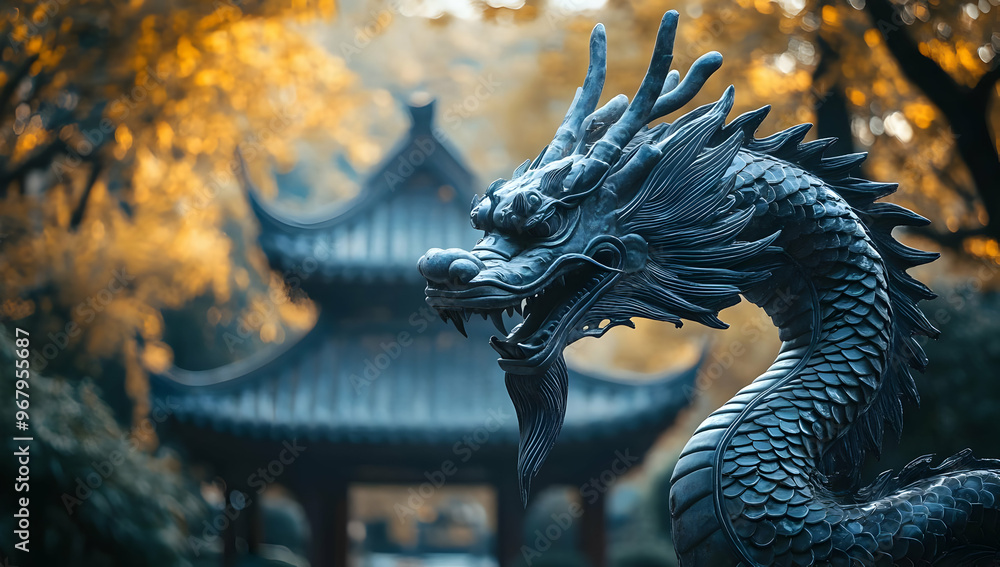 Majestic dragon statue with intricate details, set against a serene garden backdrop, exuding ancient mystique and beauty.