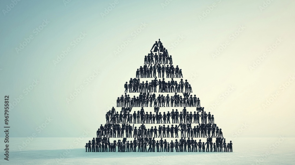 © Exnoi - A large abstract pyramid made of different layers, each layer formed by silhouettes of people working together, the gradual building of a strong foundation through collaboration