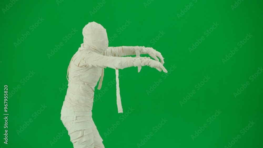 Portrait of person in a mummy bandage on chroma key green screen background. Mummy covered in white cloth ribbons walking with hands up. Close up. Portrait of person in a mummy bandage on chroma key green screen background. Mummy covered in white cloth ribbons walking with hands up. Close up.