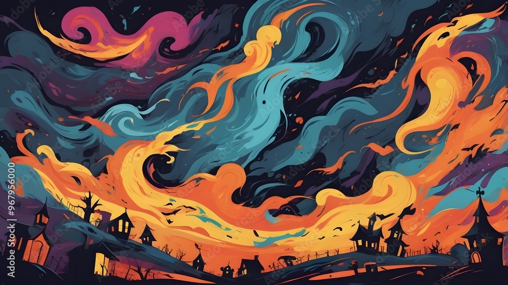 A chaotic and energetic painting of a Halloween storm with swirling colors and bold lines perfect for Halloween A chaotic and energetic painting of a Halloween storm with swirling colors and bold lines perfect for Halloween