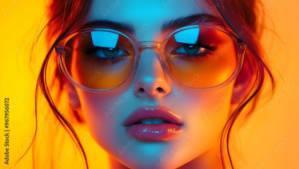 Fototapeta premium A stunning portrait of a woman with stylish sunglasses against a vibrant, colorful background, showcasing modern beauty and fashion.