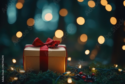 Golden Christmas Gift Box with Red Ribbon, Blurred Night Forest Backdrop with Glowing Lights, Copy Space