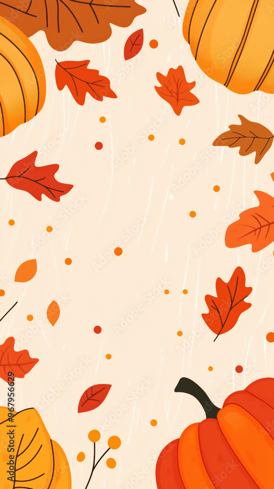 Ilustración vectorial de otoño con calabazas y hojas en tonos cálidos. Diseño otoñal minimalista y elegante.