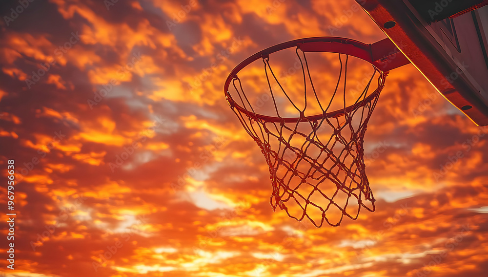 A captivating basketball hoop silhouetted against a vibrant sunset sky, showcasing the beauty of sports and nature. A captivating basketball hoop silhouetted against a vibrant sunset sky, showcasing the beauty of sports and nature.
