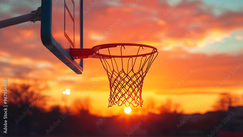 A basketball hoop silhouetted against a vibrant sunset, capturing the essence of sports and outdoor activity during twilight hours. A basketball hoop silhouetted against a vibrant sunset, capturing the essence of sports and outdoor activity during twilight hours.