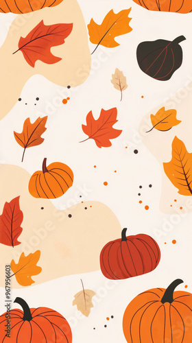 Gráfico vectorial con calabazas y hojas otoñales en estilo minimalista. Tonos anaranjados cálidos, ideal para otoño.