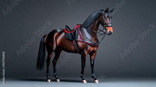 A beautiful brown horse adorned with a sleek saddle, showcasing elegance and strength in a minimalist studio setting.