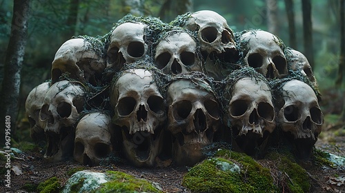 Pile of human skulls. Transparent background PNG. Pen tool cutout. Horror concept. Halloween season decoration.
