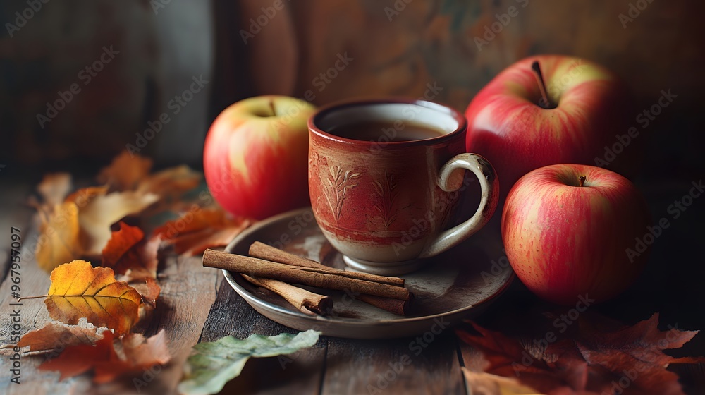 An autumn themed still life with apples and cinnamon sticks An autumn themed still life with apples and cinnamon sticks
