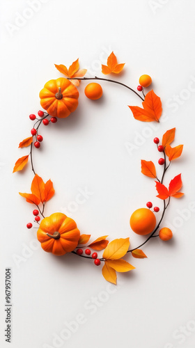 Fondo blanco con decoraciones otoñales en tonos naranjas. Calabazas, hojas y bayas en en círculo. Perfecto para añadir tu texto.