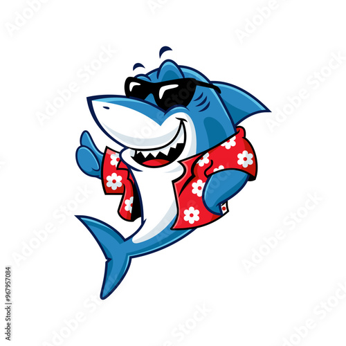 Cool shark wearing sunglasses and hawaiian shirt cartoon illustration.