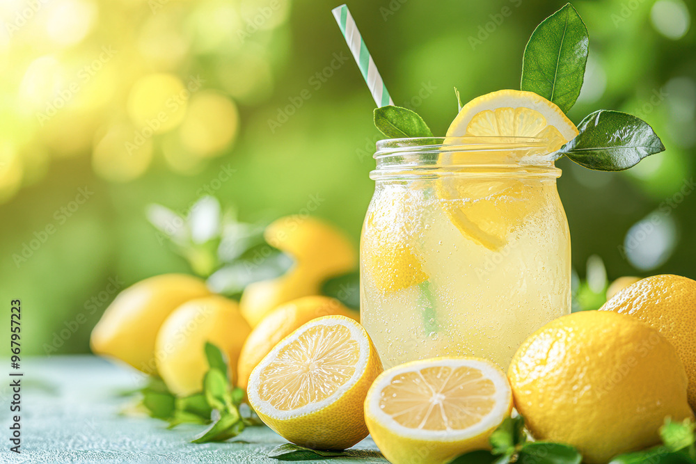 A glass of lemonade with a straw in it and a bunch of lemons on the table A glass of lemonade with a straw in it and a bunch of lemons on the table