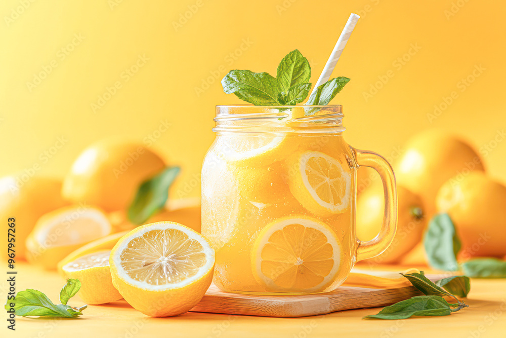 Fototapeta premium A glass of lemonade with a straw in it and a bunch of lemons on the table