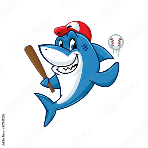 Cartoon shark playing baseball. Illustration of a happy shark mascot hitting a baseball.