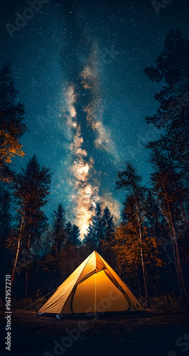 A serene nighttime scene of a glowing tent under a starry sky, surrounded by towering trees in a tranquil forest.