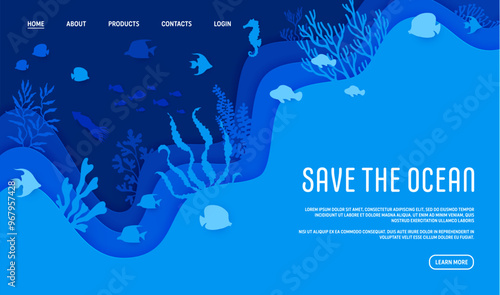 Landing page with paper cut underwater landscape and sea animals silhouettes. Vector Save the ocean awareness web banner template with tropical ocean biodiversity, corals and precious marine life