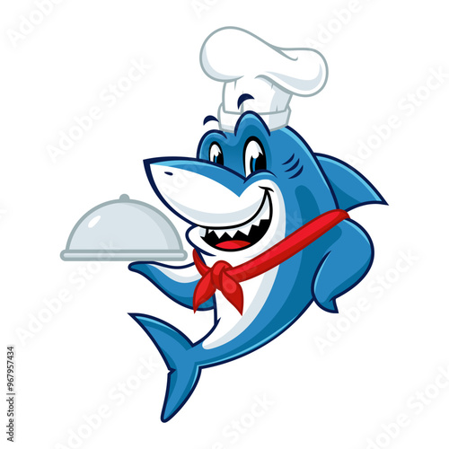 A cartoon shark wearing a chef's hat and holding a silver platter.