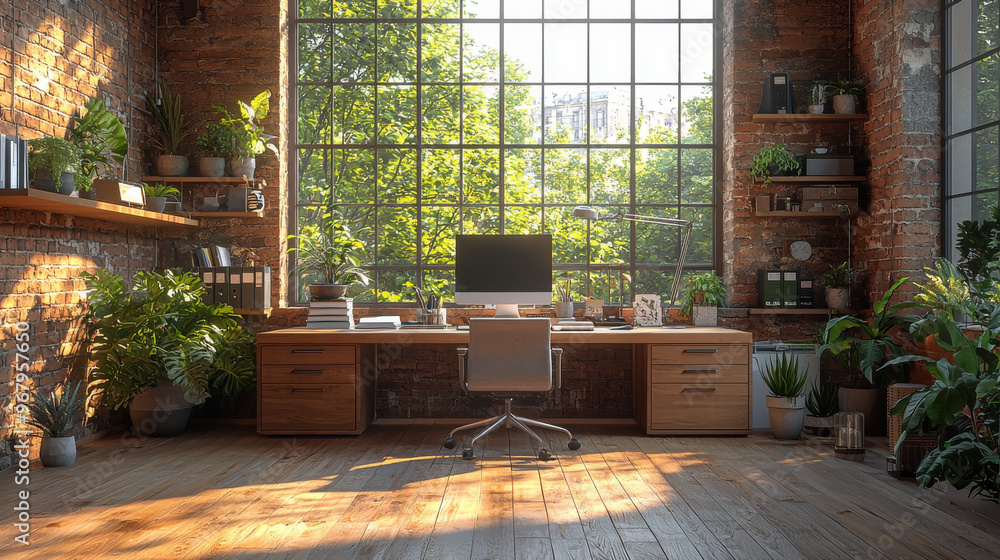 A modern home office with a desk, computer, and a view of nature. A modern home office with a desk, computer, and a view of nature.