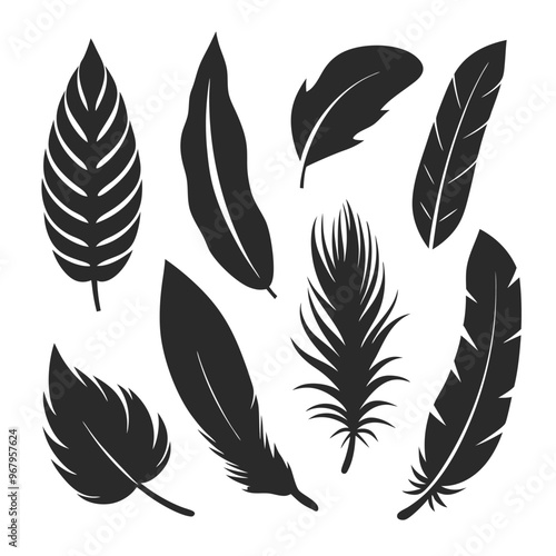 Versatile feather silhouette vector set, ideal for patterns, logos, and decorative designs.