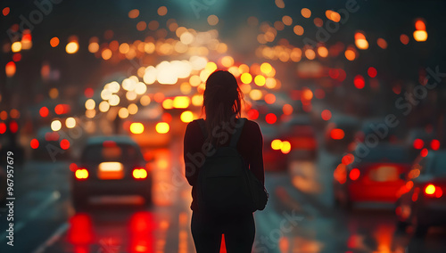 A silhouette of a woman stands at a busy street intersection, surrounded by vibrant city lights and traffic on a rainy night. photo