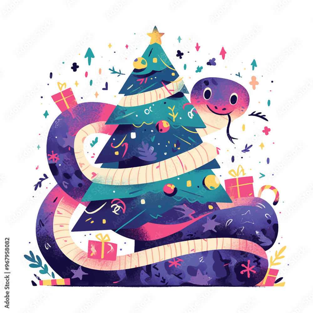 Fototapeta premium A snake is wrapped around a Christmas tree. The snake is smiling and the tree is decorated with many gifts