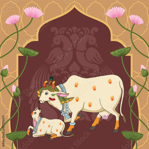 Indian Rajasthani Miniature art work Pichwai cow and calf