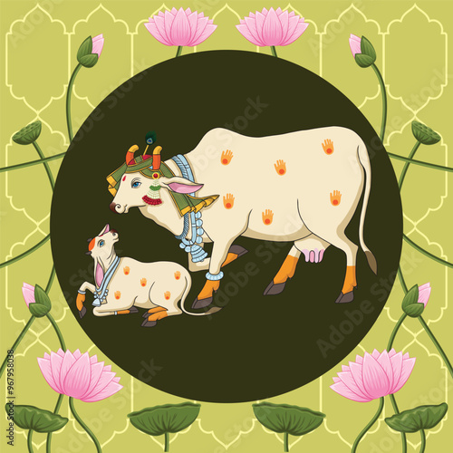 Indian Rajasthani Miniature art work Pichwai cow and calf in round