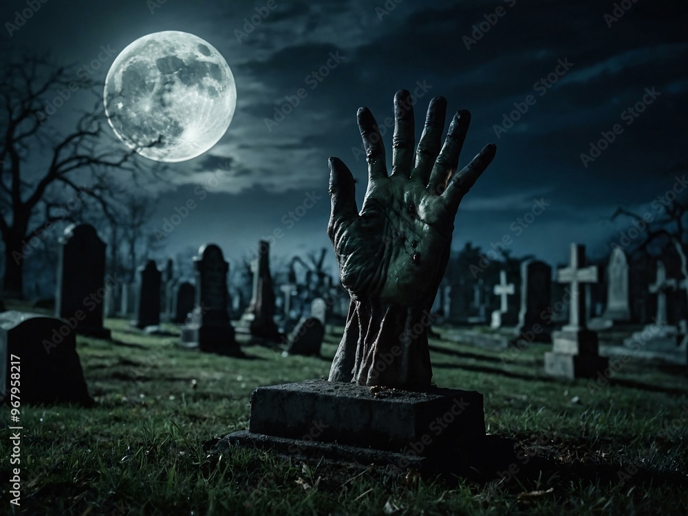 Zombie hand rising from a graveyard under a full moon in a spooky Halloween scene. Zombie hand rising from a graveyard under a full moon in a spooky Halloween scene.