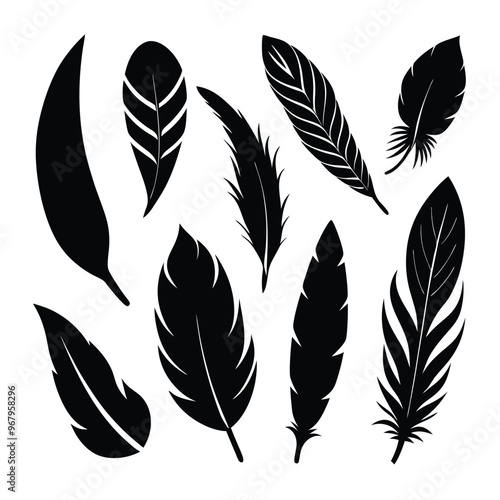 Versatile feather silhouette vector set, ideal for patterns, logos, and decorative designs.