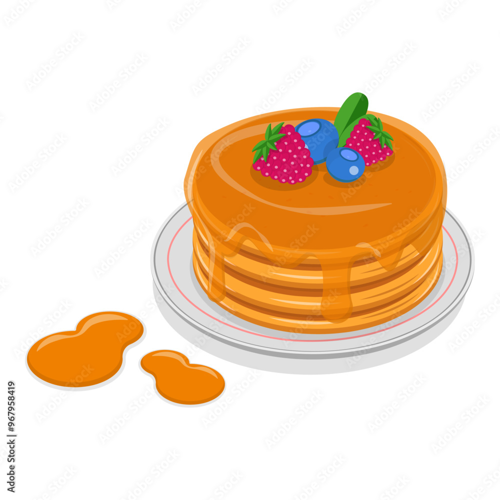 3D Isometric Flat Vector Set of Pancakes, American Brunch with Honey or Syrup. Item 3 3D Isometric Flat Vector Set of Pancakes, American Brunch with Honey or Syrup. Item 3