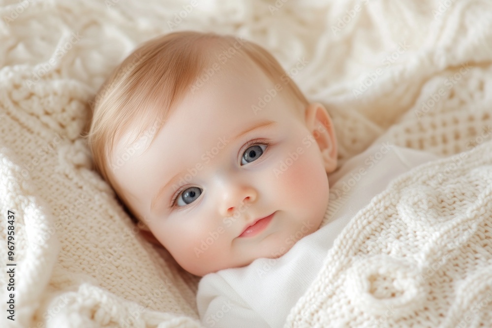 Adorable baby with soft blue eyes resting on a cozy knitted blanket, bathed in natural light Adorable baby with soft blue eyes resting on a cozy knitted blanket, bathed in natural light