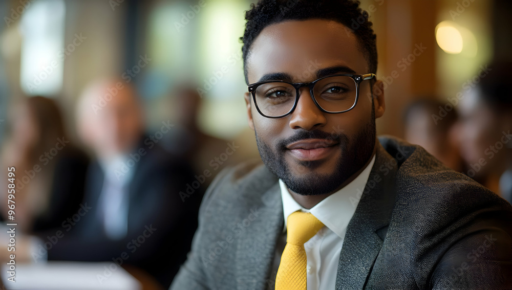 Fototapeta premium Confident business professional in glasses, smiling at the camera in a modern office setting, ideal for corporate or career-related themes.