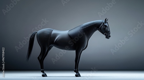 A sleek black horse sculpture with a modern design, showcasing elegance and strength in a minimalist setting. photo