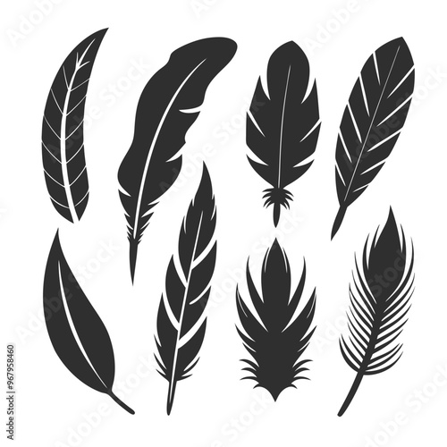 Versatile feather silhouette vector set, ideal for patterns, logos, and decorative designs.