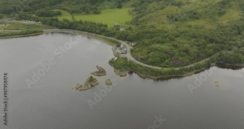 Aerial view of tranquil Loch Creran surrounded by lush greenery and serene hills, Oban, Scotland. photo