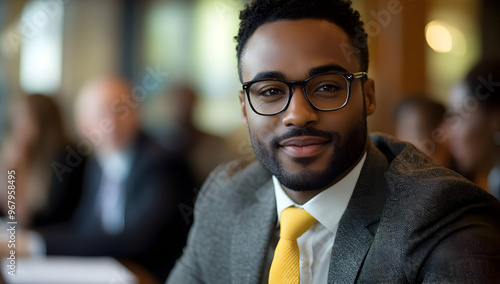 Confident business professional in glasses, smiling at the camera in a modern office setting, ideal for corporate or career-related themes.