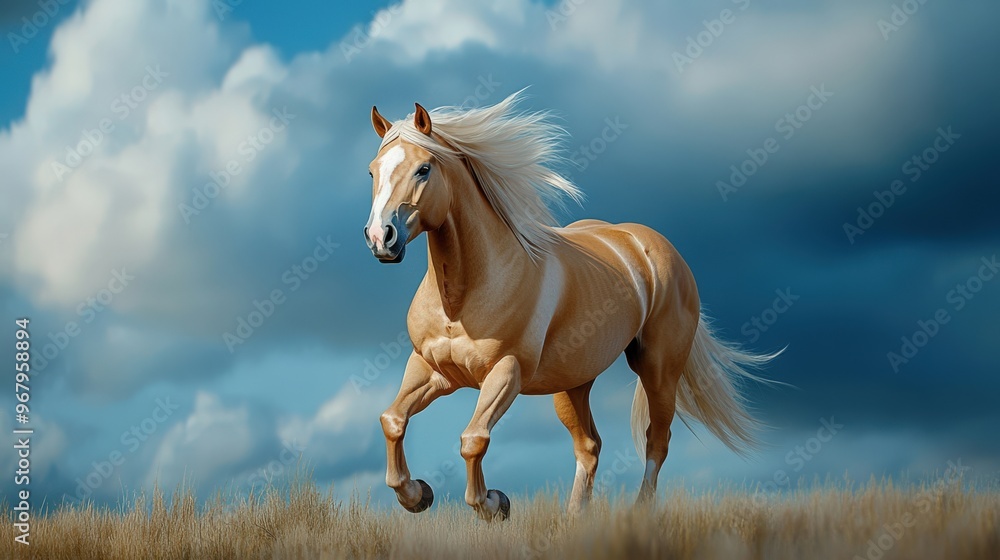 A stunning golden horse gallops gracefully across a meadow, showcasing its beauty against a dramatic sky. A stunning golden horse gallops gracefully across a meadow, showcasing its beauty against a dramatic sky.