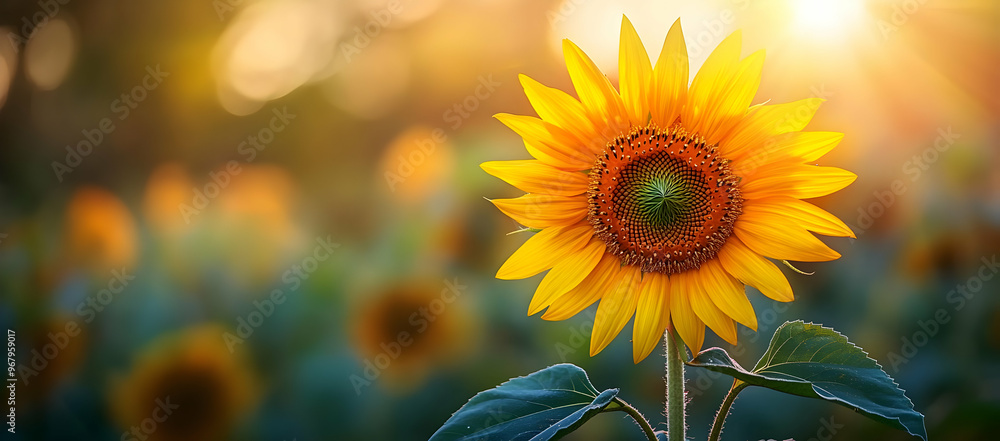 Obraz premium A vibrant sunflower stands tall in a field, basking in warm sunlight, symbolizing happiness and cheerful nature.