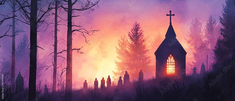 A haunting church silhouette surrounded by fog and eerie light, evoking mystery and tranquility in a dramatic landscape. A haunting church silhouette surrounded by fog and eerie light, evoking mystery and tranquility in a dramatic landscape.