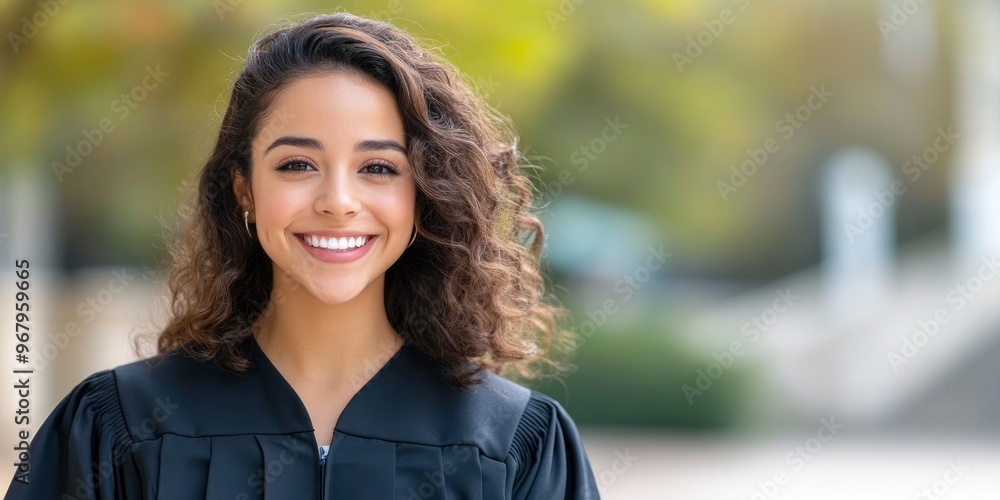 Smiling, a woman wearing a black graduation gown poses for a photo. Smiling, a woman wearing a black graduation gown poses for a photo.