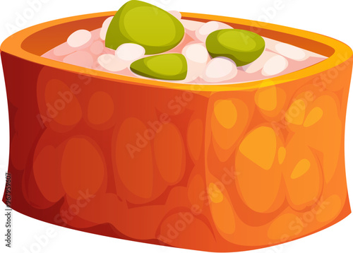 Cartoon inari Japanese sushi, roll filled with rice and green peas or avocado pieces, offering sweet and fresh flavor, wrapped in fried tofu belt. Isolated vector vegetarian option in Japanese cuisine