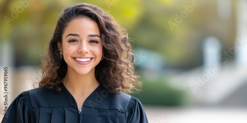 Smiling, a woman wearing a black graduation gown poses for a photo.