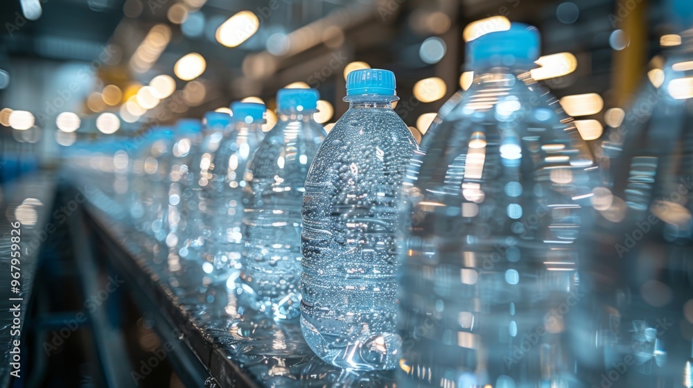 Plastic bottles with blue caps on conveyor belt in factory. Plastic bottles with blue caps on conveyor belt in factory.
